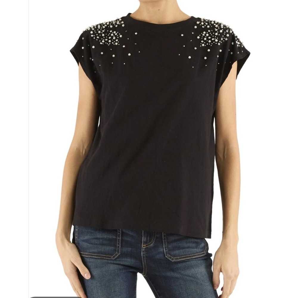 Ramy Brook Amelia Embellished Tee Small Black Pearl Rhinestone Top Elegant Chic